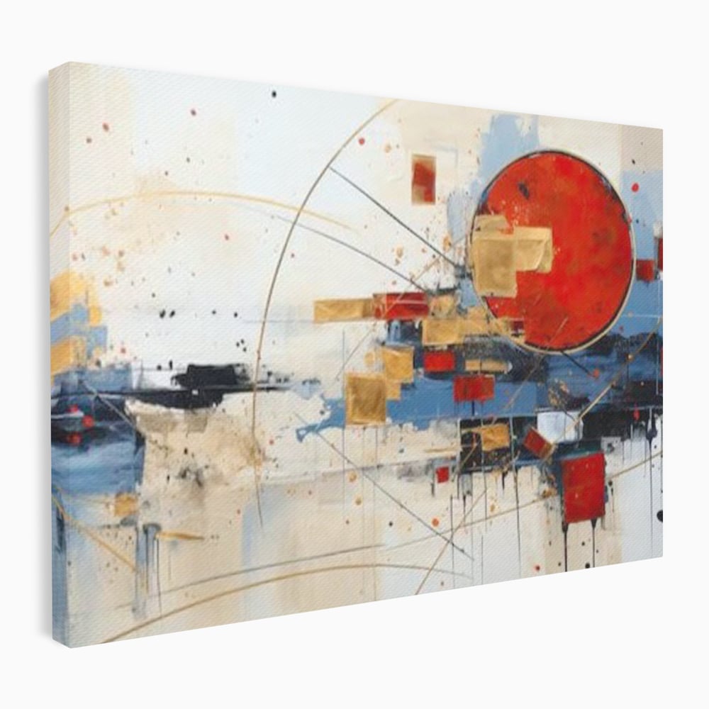 Tablou canvas cu tablou abstract cu cerc rosu si linii, fara rama, pe sasiu de lemn